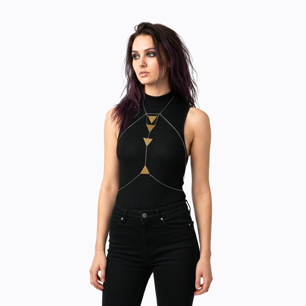 Body Harness Jewelry Necklace Brass Triangle Edgy Boho Whimsigoth Steampunk Goth